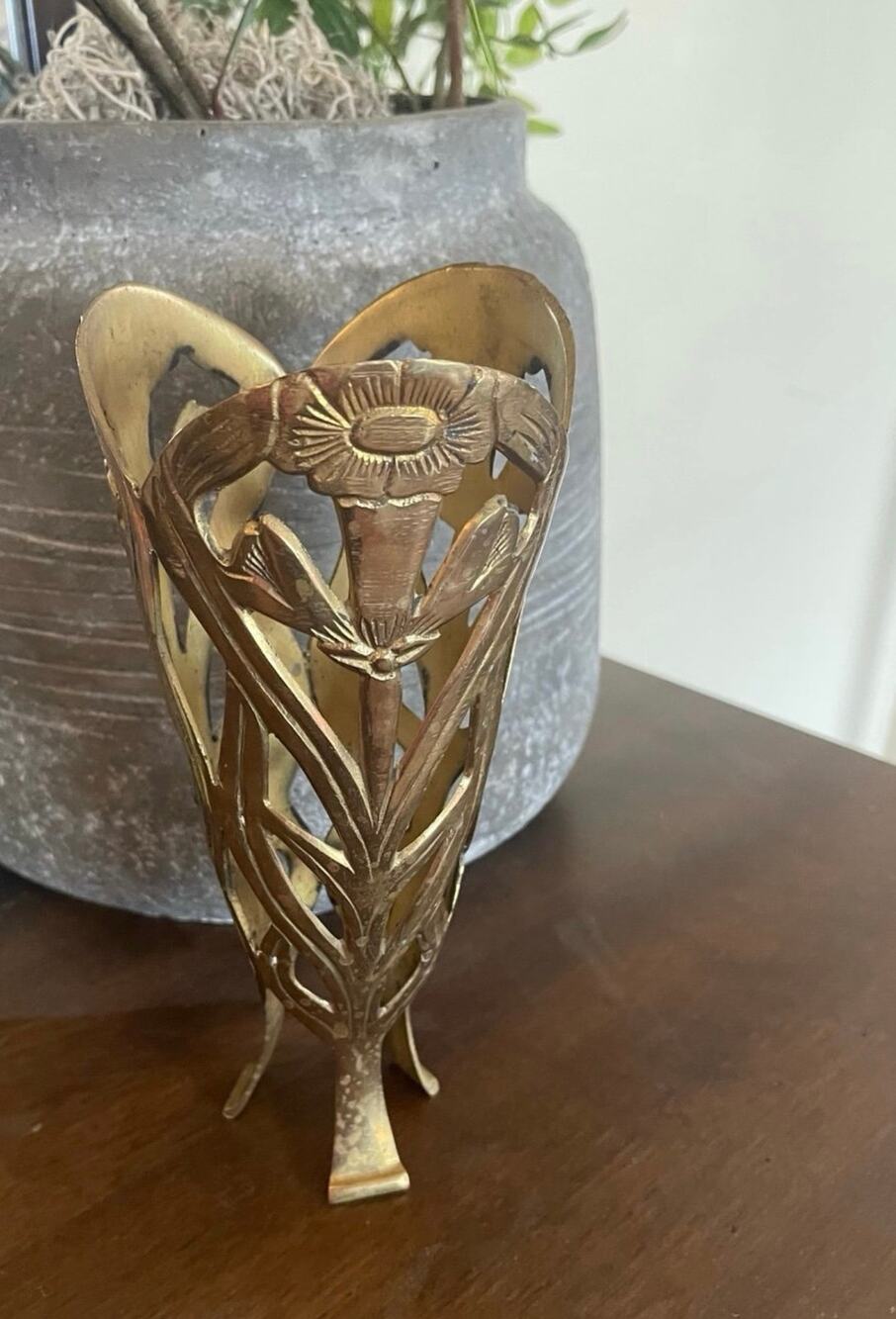 Vintage solid Brass Vase floral design 10"